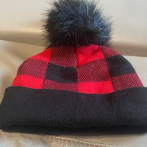 Red and Black Checkered Beanie with faux fur Pom Pom